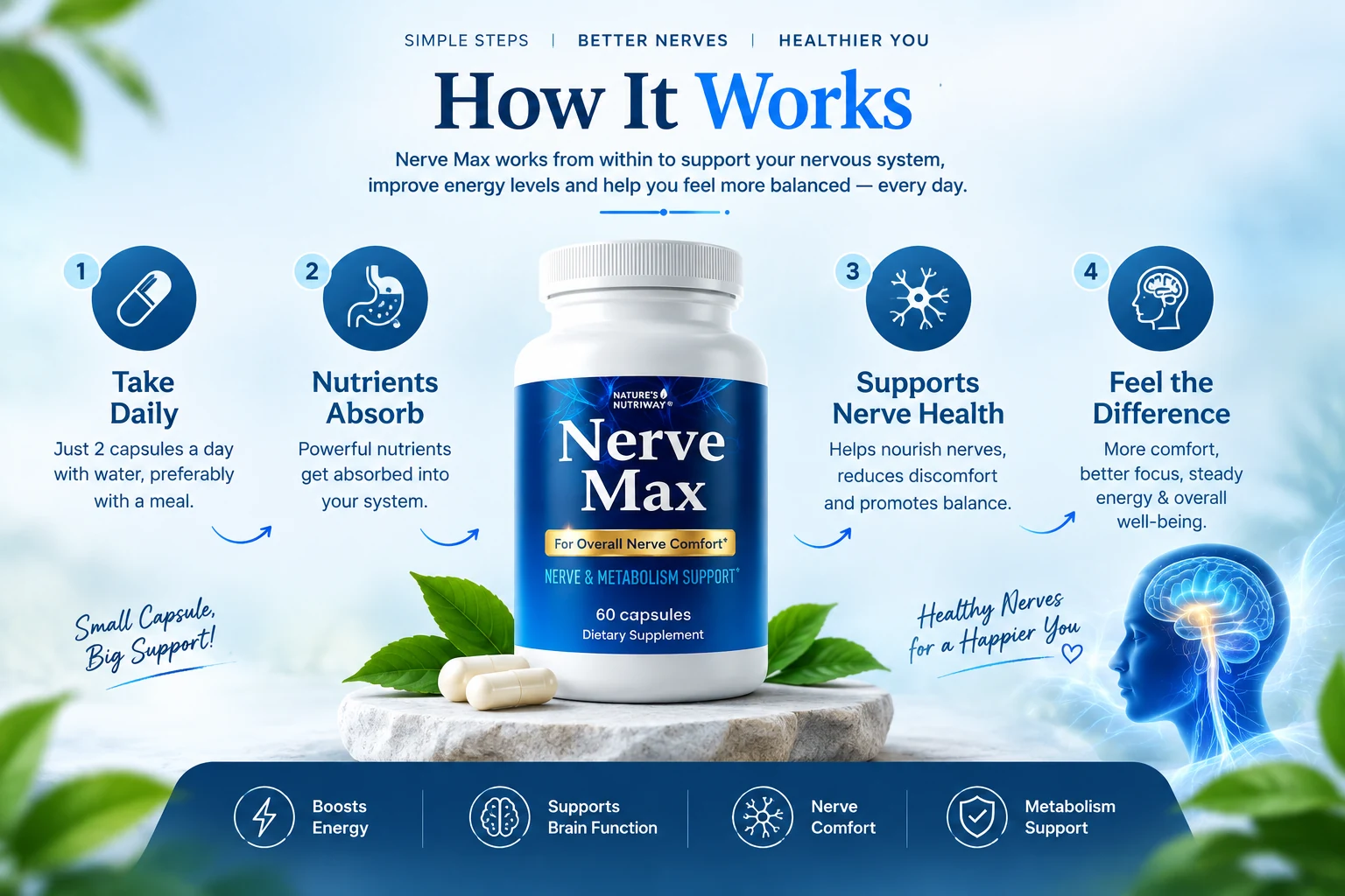 How NerveMax works: take daily, nutrients absorb, supports nerve health, feel the difference